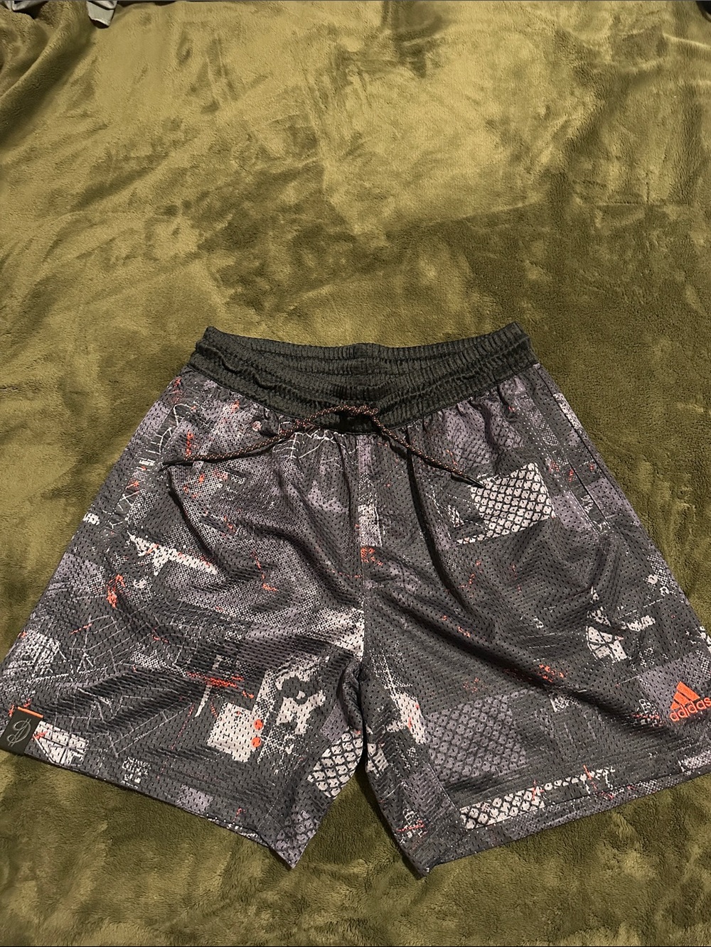 adidas Black & Gray Athletic Mesh Shorts with Red Accents
